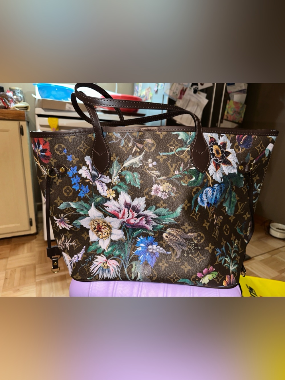 Brown Floral Monogram Tote with Multicolor Blooms (Inspired)